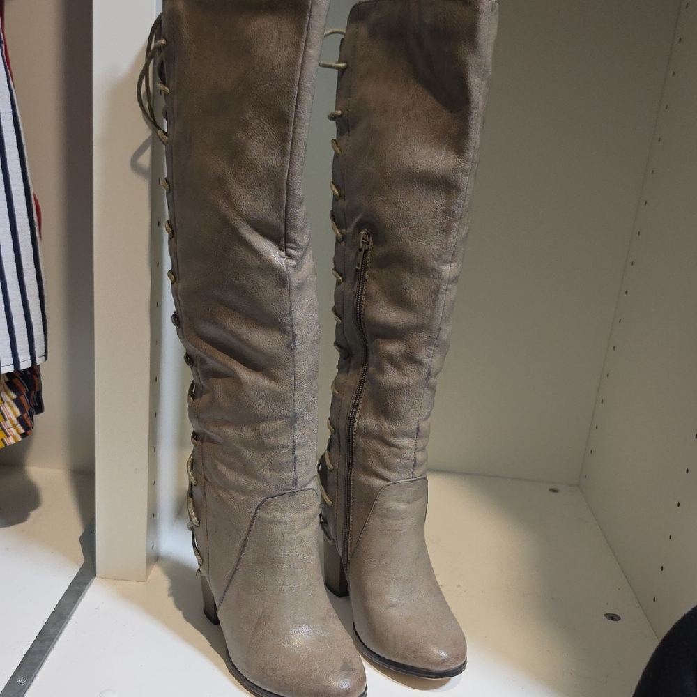 Bakers Taupe Lace-Up Over-the-Knee Boots with Side Zipper